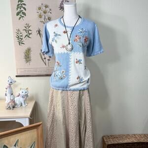 Vintage Colorblock Floral Embroidered Sweater Coastal Grandma Cottage Prairie L